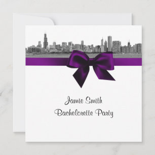 Invitation Bachelorte SQ violette de Chicago Skyline Etch BW