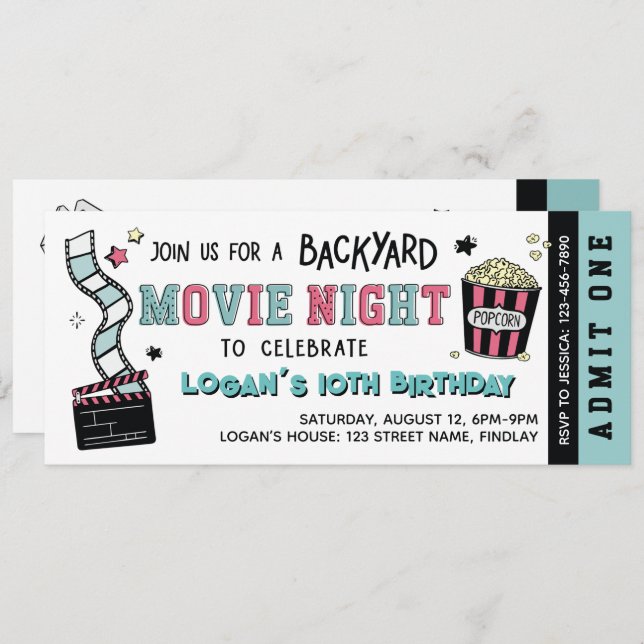 Invitation Backyard Movie Night, Any Age Birthday Party (Devant / Derrière)