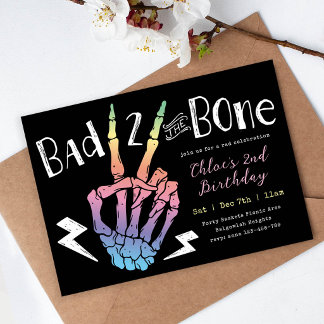Invitation Bad TWO the Bone Girls Pastel Rainbow 2nd Birthday