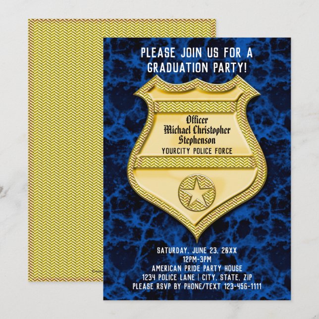 Invitation Badge Blue Marble Police Graduation Party (Devant / Derrière)
