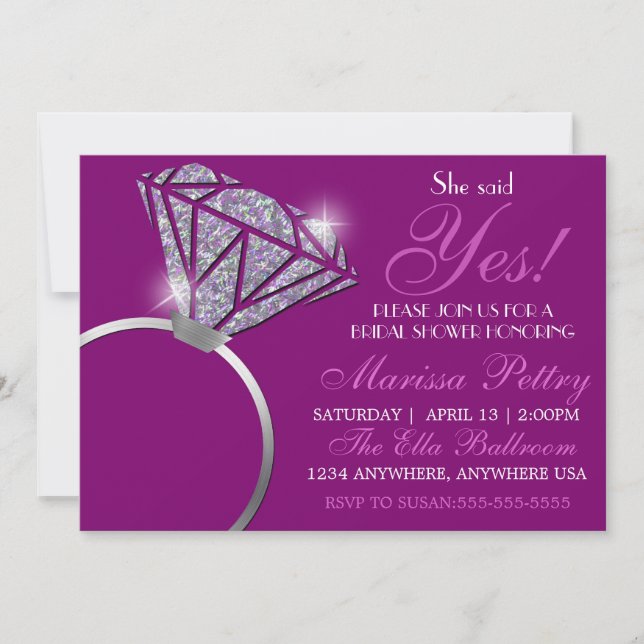 Invitation Bague de diamant, douche de mariée, elle a dit oui (Devant)