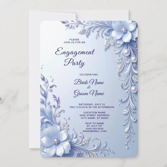 Invitation Bague de fiançailles aux fleurs ornées bleues avec (Devant)