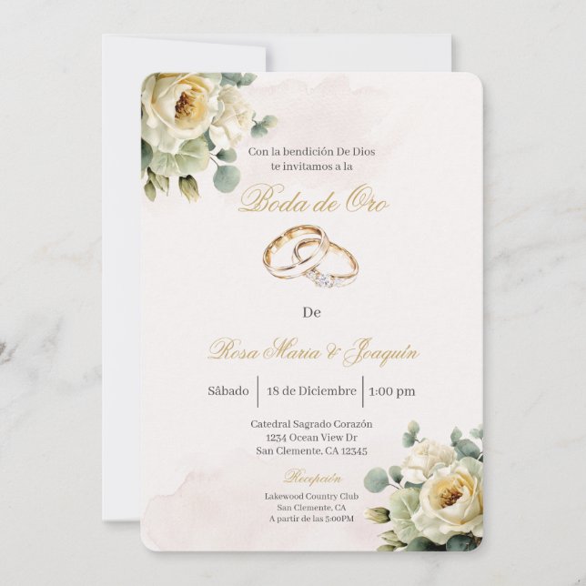 Invitation Bague de mariage or Blanc flor beige 50e anniversa (Devant)
