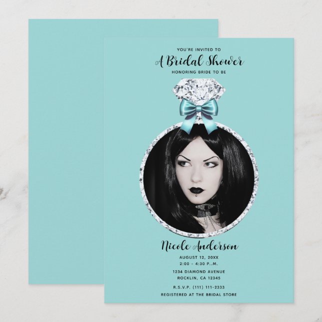 Invitation Bague Turquoise Bleu Diamant Bling Shower de Maria (Devant / Derrière)