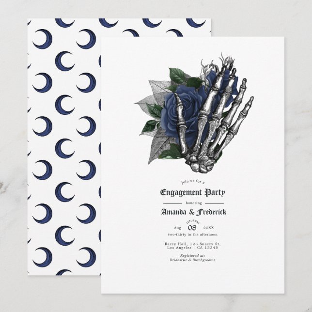 Invitation Bagues de fiançailles Gothique Roses Bleu Marine & (Devant / Derrière)