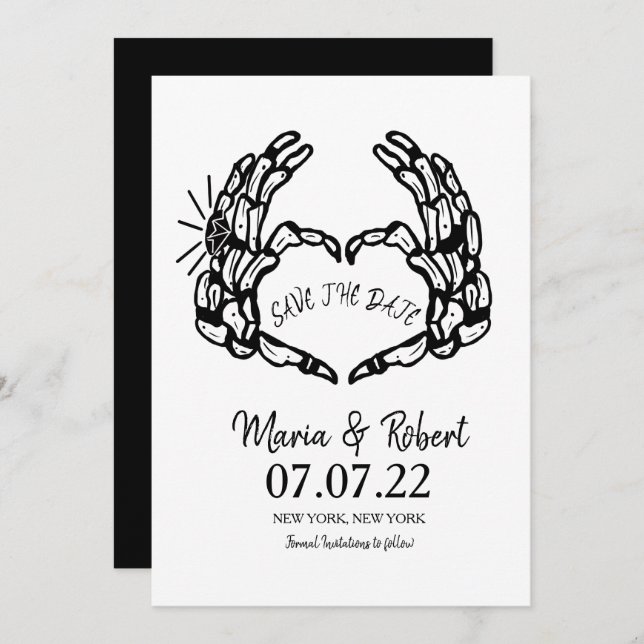 Invitation Bagues de mariage à cœur en forme de squelette noi (Devant / Derrière)