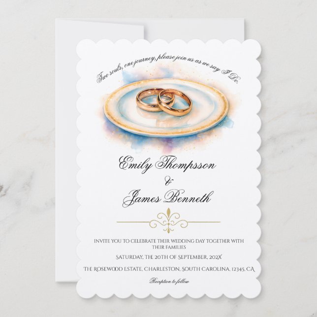Invitation Bagues de mariage à la rose dorée aquarelle élégan (Devant)