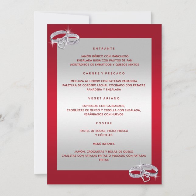 Invitation Bagues De Mariage, Argent Et Rouge Menu (Dos)