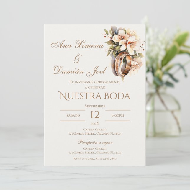 Invitation Bagues de mariage bohème en espagnol (Debout devant)