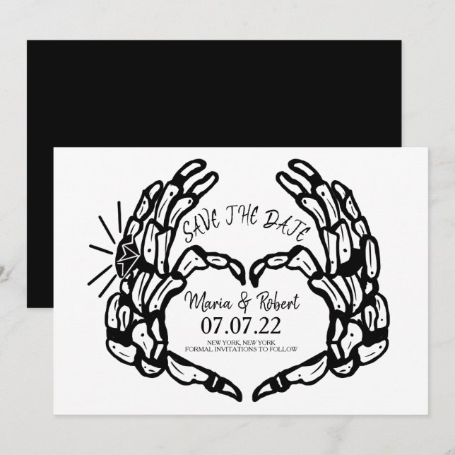 Invitation Bagues de mariage coeur de main de squelette noir  (Devant / Derrière)
