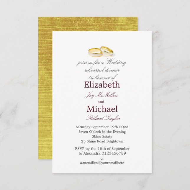Invitation Bagues d'or Soirée de répétition de mariage élégan (Devant / Derrière)