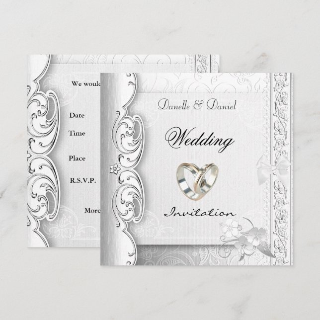 Invitation Bagues élégantes en dentelle blanche pour mariage (Devant / Derrière)