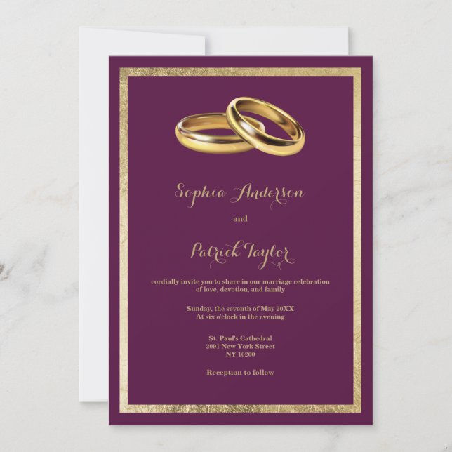 Invitation Bagues élégantes modernes bordeaux or Mariage (Devant)