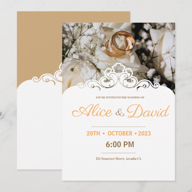 Invitation Bagues en or modernes avec élégante dentelle de ma (Devant / Derrière)