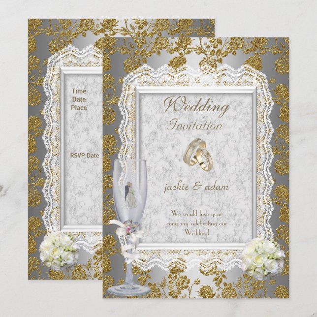 Invitation Bagues Fleuries en Or Blanc Antique avec Dentelle  (Devant / Derrière)