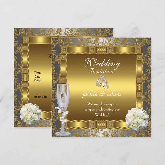 Invitation Bagues Florales Antiques Argent Or Mariage Blanc (Devant / Derrière)