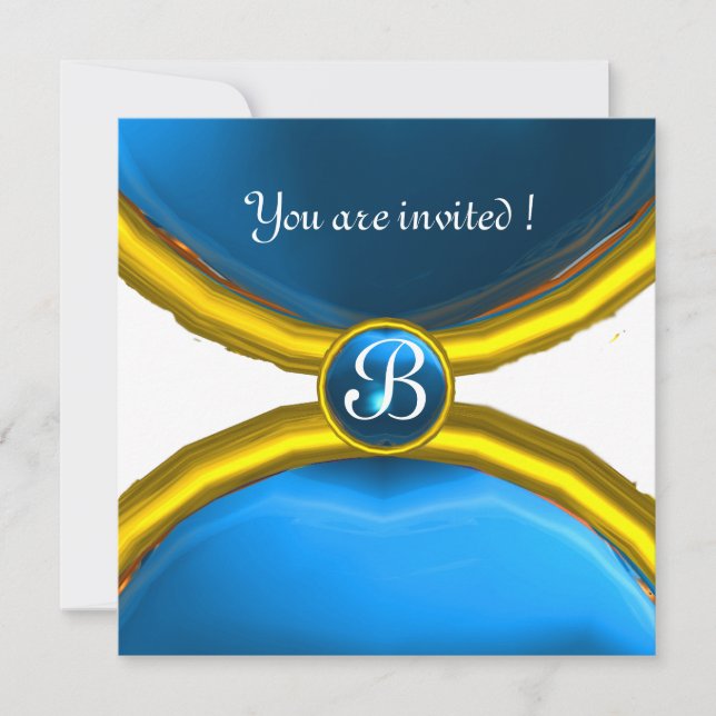 Invitation BAGUES MAGIQUES, monogramme gemme bleue (Devant)