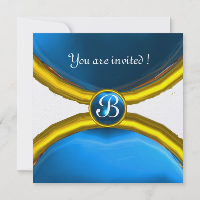 Invitation BAGUES MAGIQUES, monogramme gemme glace bleue (Devant)