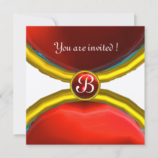 Invitation BAGUES MAGIQUES, monogramme gemme or rouge (Devant)