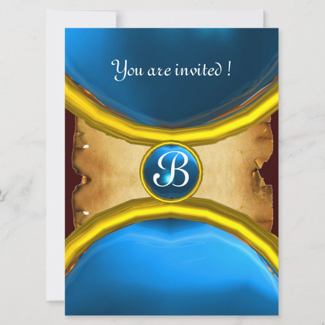 Invitation BAGUES MAGIQUES, parchemin monogrammé gemme bleue (Devant)