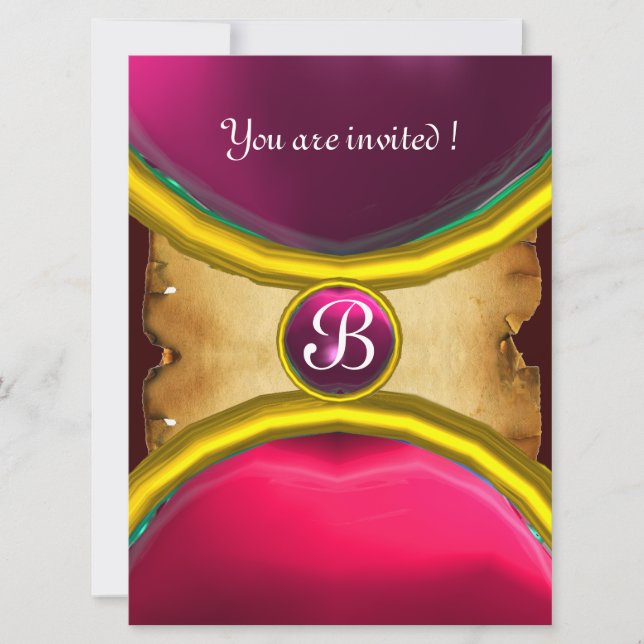 Invitation BAGUES MAGIQUES, parchemin monogramme gemme rose (Devant)