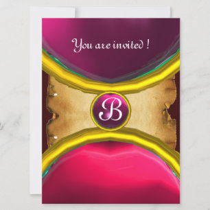 Invitation BAGUES MAGIQUES, parchemin monogramme gemme rose