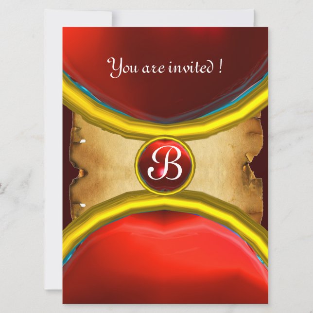 Invitation BAGUES MAGIQUES, parchemin monogrammé gemme rouge (Devant)
