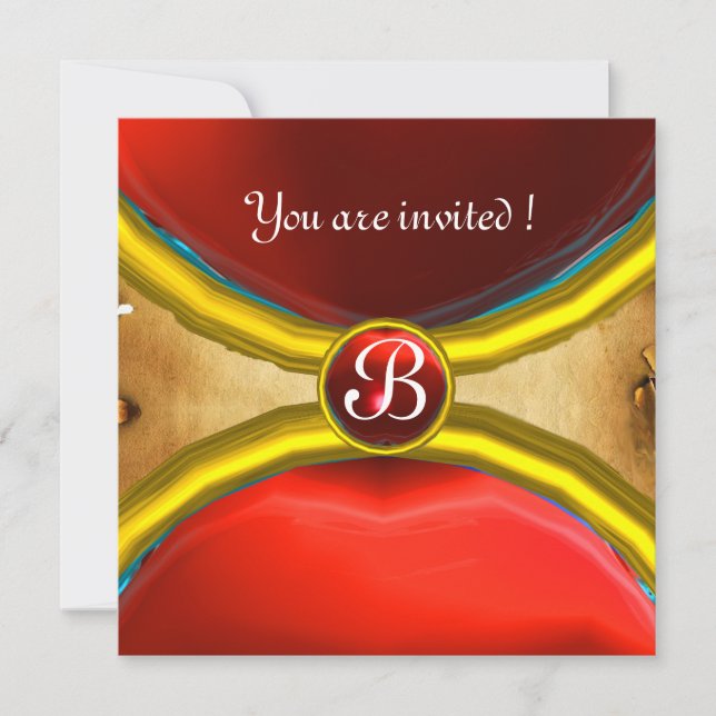 Invitation BAGUES MAGIQUES, parchemin monogrammé gemme rouge (Devant)