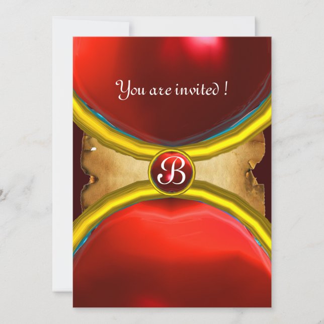 Invitation BAGUES MAGIQUES, parchemin monogrammé gemme rouge (Devant)