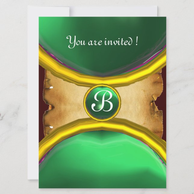 Invitation BAGUES MAGIQUES, parchemin monogramme gemme verte (Devant)