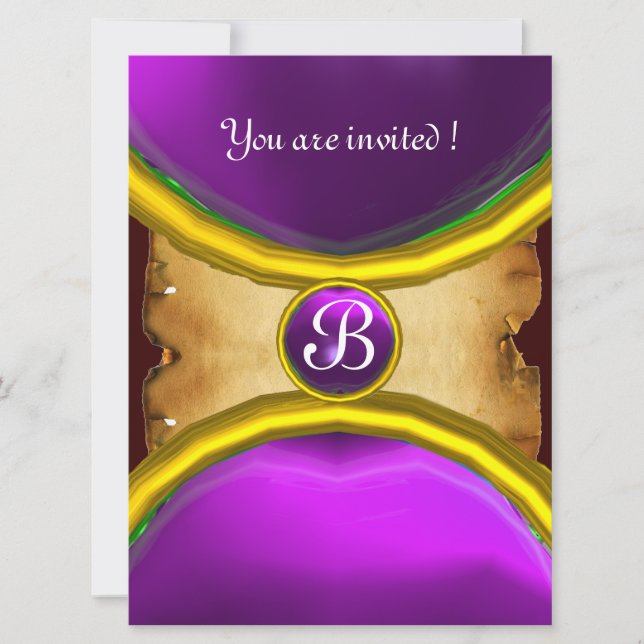 Invitation BAGUES MAGIQUES, parchemin monogramme gemme violet (Devant)