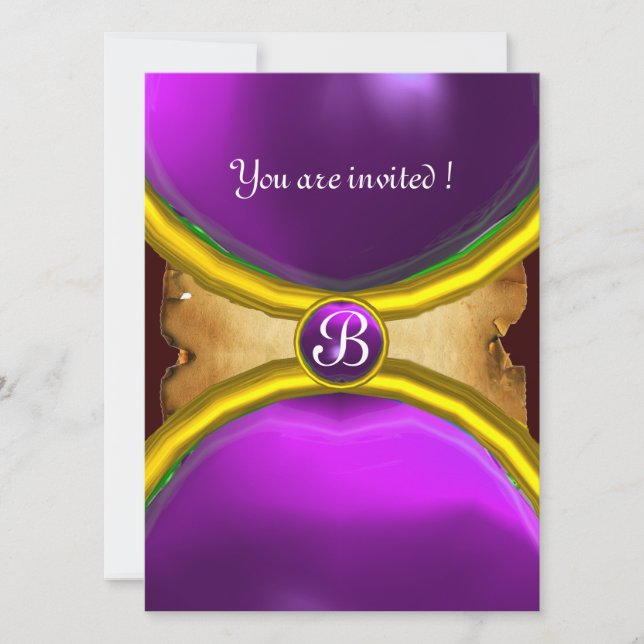 Invitation BAGUES MAGIQUES, parchemin monogrammé gemme violet (Devant)