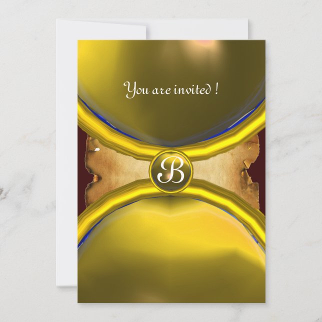 Invitation BAGUES MAGIQUES, parchemin monogramme jaune gemme (Devant)