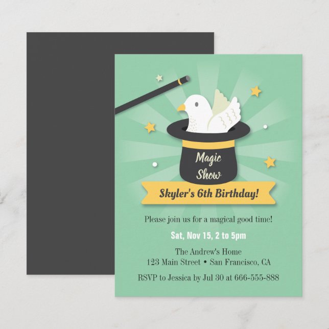 Invitation Baguette Magique et Magicien Colombe Fête d'annive (Devant / Derrière)