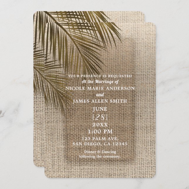 Invitation Bahama Breeze Bronze Palm Rustique Burlap Mariage (Devant / Derrière)