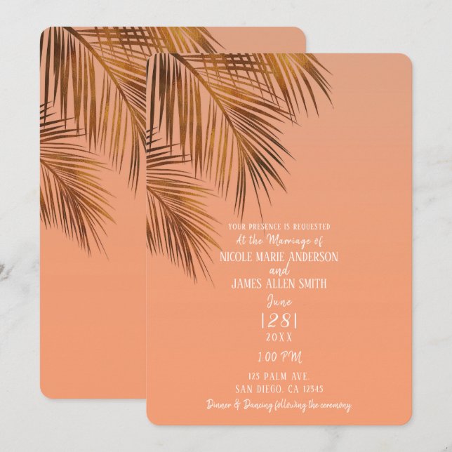 Invitation Bahama Breeze Bronze Palmier Corail Pêche Mariage (Devant / Derrière)