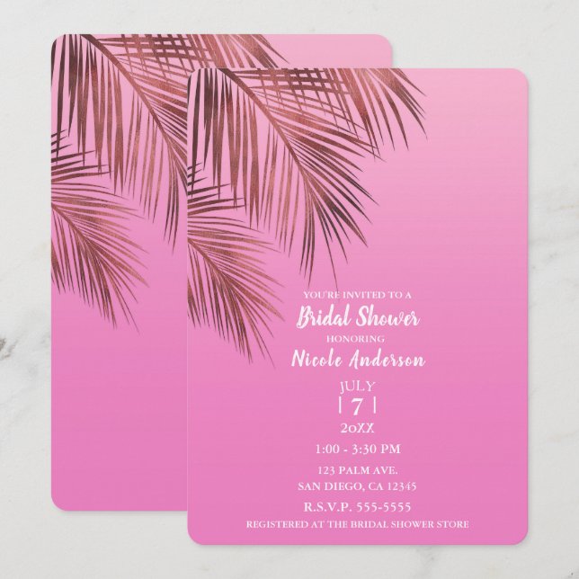 Invitation Bahama Breeze Bronze Palmier Rose Fête de Mariage (Devant / Derrière)