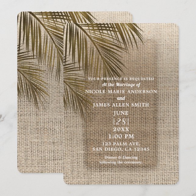 Invitation Bahama Breeze Bronze Palmier Rustique Toile de Jut (Devant / Derrière)