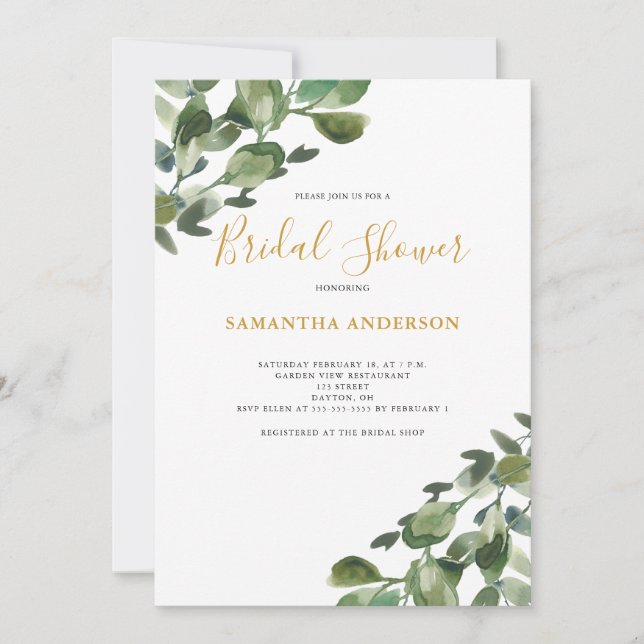 Invitation Baie de Mariage à l'aquarelle d'eucalyptus  (Devant)