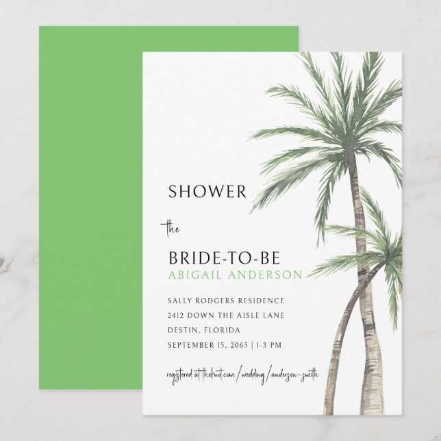 Invitation Baie de mariage lime verte aux palmiers (Devant / Derrière)