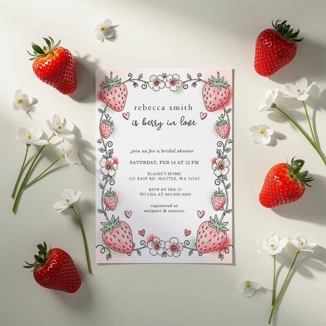 Invitation Baie en amour douche de mariage à la fraise (Berry in Love Strawberry Bridal Shower Invitation)
