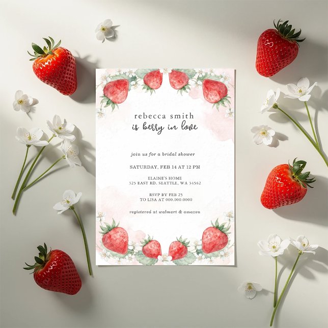 Invitation Baie en amour douche de mariée à la fraise (Berry in Love Strawberry Bridal Shower Invitation)