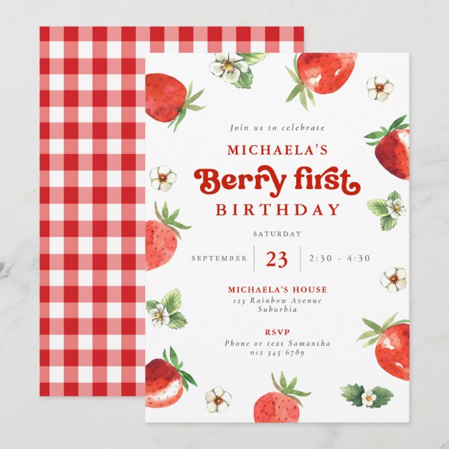 Invitation Baie Premier Anniversaire Aquarelle Fraise Gingham (Devant / Derrière)