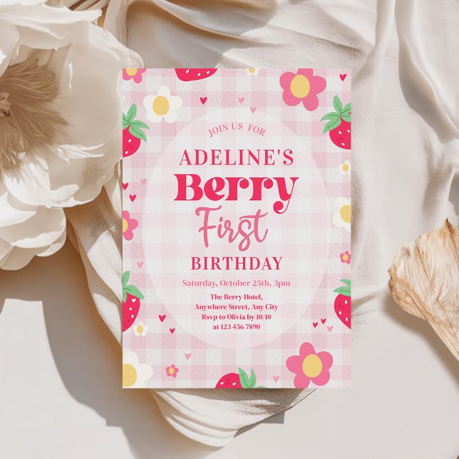 Invitation Baie Premier Anniversaire Mignon Fraise (Créateur téléchargé)