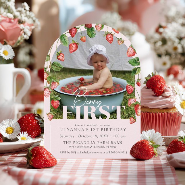 Invitation Baie premier Boho Chic 1ère fête d'anniversaire ph (Cute Berry First watercolor strawberry sweet one arch photo pink girl 1st birthday party invitation)