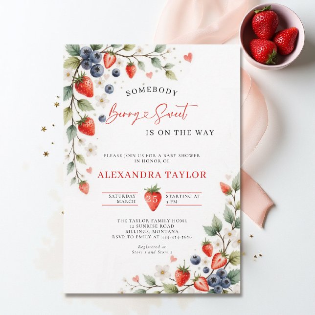 Invitation Baies Botaniques Douces Fruitées Baby Shower (berry sweet baby shower invitation fruit theme strawberry berries watercolor spring summer)