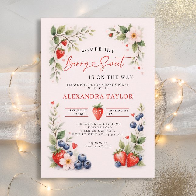 Invitation Baies Botaniques Sucrées Rose Fête de Naissance Bé (berry sweet baby shower invitation fruit theme strawberry blueberry berries botanical watercolor)