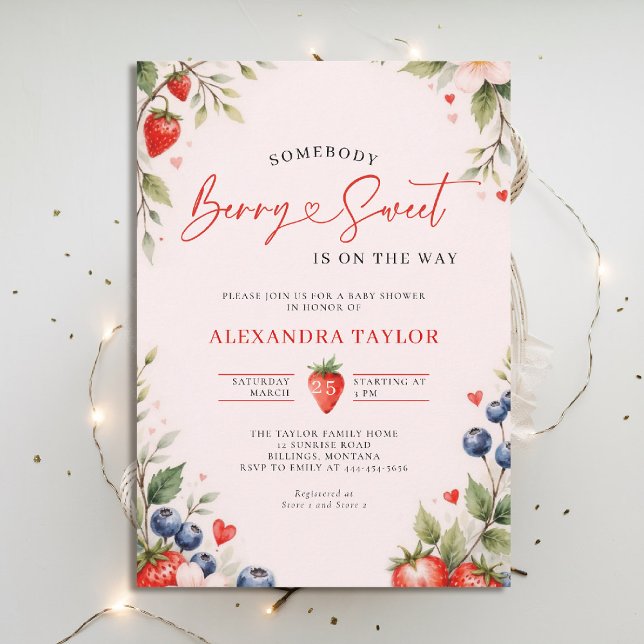 Invitation Baies Botaniques Sucrées Rose Fête Prénatale Bébé  (berry sweet baby shower invitation fruit theme strawberry berries botanical watercolor pink)