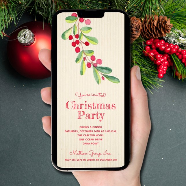 Invitation Baies d'aquarelle et Noël Feuille (Watercolor Berries and Leaves Christmas Invitations - INSTANT DOWNLOAD and/or PRINTED)