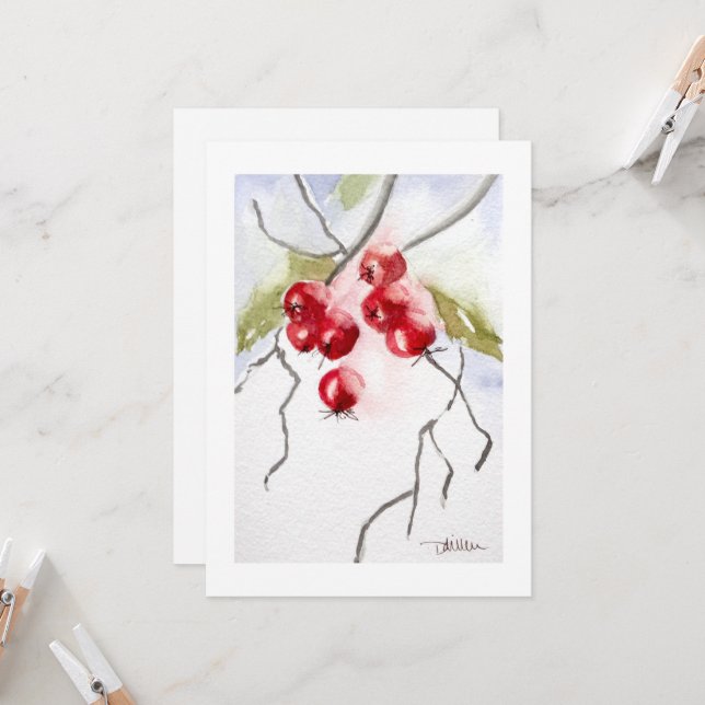 Invitation Baies de houx aquarelle Noël (Devant/Arrière en situation)